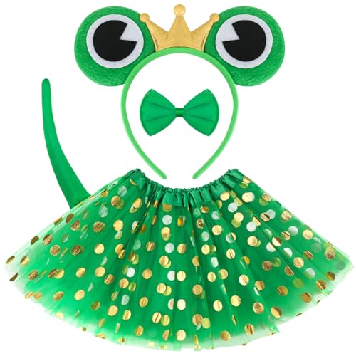 patinadrift 4 Stück Frosch Kostüm Set,Froschkostüm Kinder mit Frosch Stirnband Fliege Schwanz Tutu,Froschkönig Haarreifen Accessoire,Tierkostüm Kinder Set für Karneval Fasching