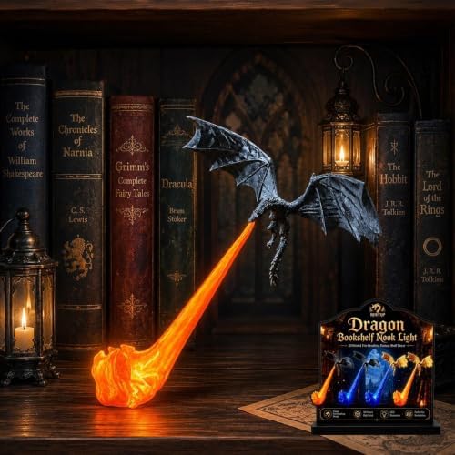 BomKra Dragon Bookshelf Nook Light, 3D Printed Fire-Breathing Fantasy Shelf Decor, New Dragon Book Nook Design, Stable Shelf Accent for Desk, Library, or Collector Display, Book Lover Gift