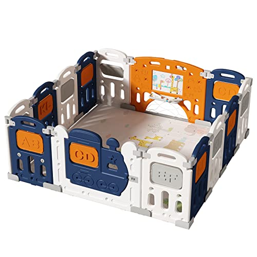 UNICOO – Baby Playpen, Foldable Kids Fence Activity Center, Safety Playard with Games Station Non-Slip Rubber Bases, Adjustable Shape, Portable Design (ZC-001-DBW Dark Blue + White)
