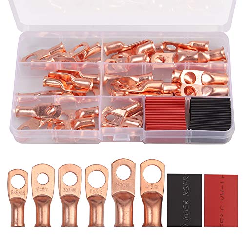 AUTOUTLET 80Pcs Terminal Connectors Cable Ends UL Listed AWG Crimp Copper Heavy Duty Cable Ends Wire Ring Lugs with 40Pcs Heat Shrink Tubing Assortment Kit Tubular Ring Terminals Bare Copper Eyelets