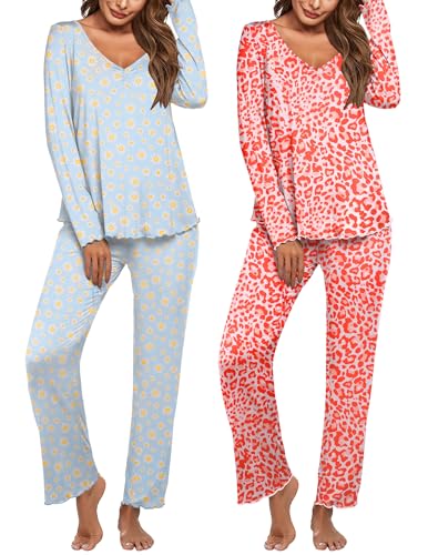 Image of Ekouaer Womens 2 Pack Pajama Set Long Sleeve Pajamas Top and Pants V Neck Pjs Set Soft Sleepwear Loungewear