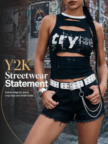 Image of Studded Double Grommet Belt with Chains for Women Men Teens | Y2K Punk Goth Belt, Womens Double Hole Belts for Jeans /Pants /Skirts, Grunge Adjustable Leather Belt for Fashion /Festival