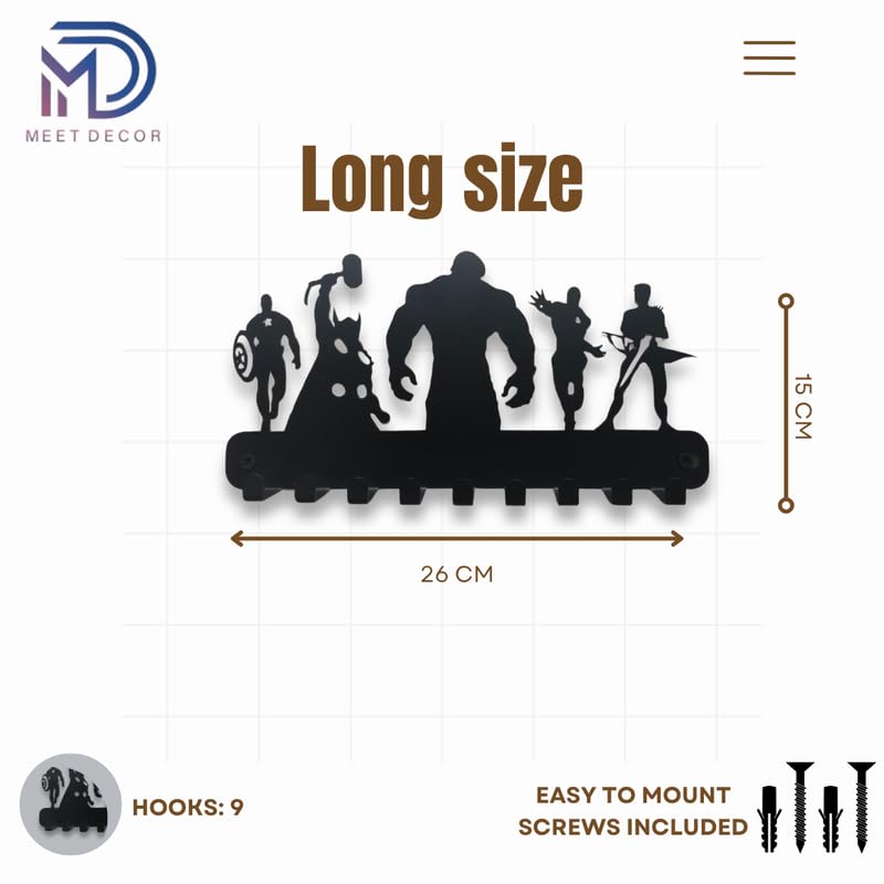 Image of Metal Marvel Avengers Key Holder | Wall Mounted Organizer with 9 Hooks | Decorative Black Powder Coated Key Rack for Entryway, Hallway, Kitchen & Office (25x15 cm)