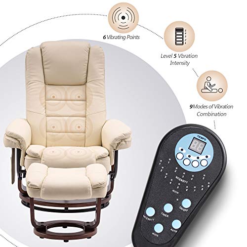 Mcombo Recliner With Ottoman Chair Accent Recliner Chair With Vibration Massage, Removable Lumbar Pillow, 360 Degree Swivel Wood Base, Faux Leather 9096 (Cream White) #TOP3