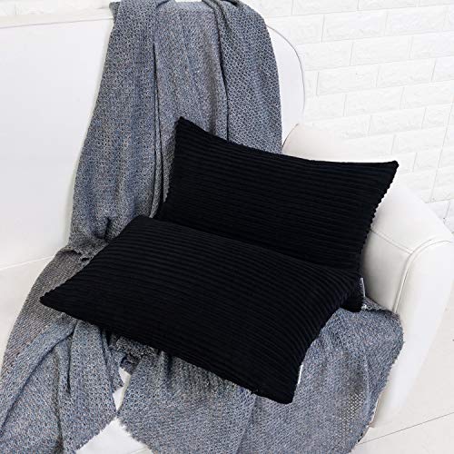 Hwy 50 Black Rectangle Throw Pillow Covers 12X20 Inch For Couch, Corduroy Soft Cozy Solid Decorative Throw Cushion Cover Set Pack Of 2 Striped #TOP2