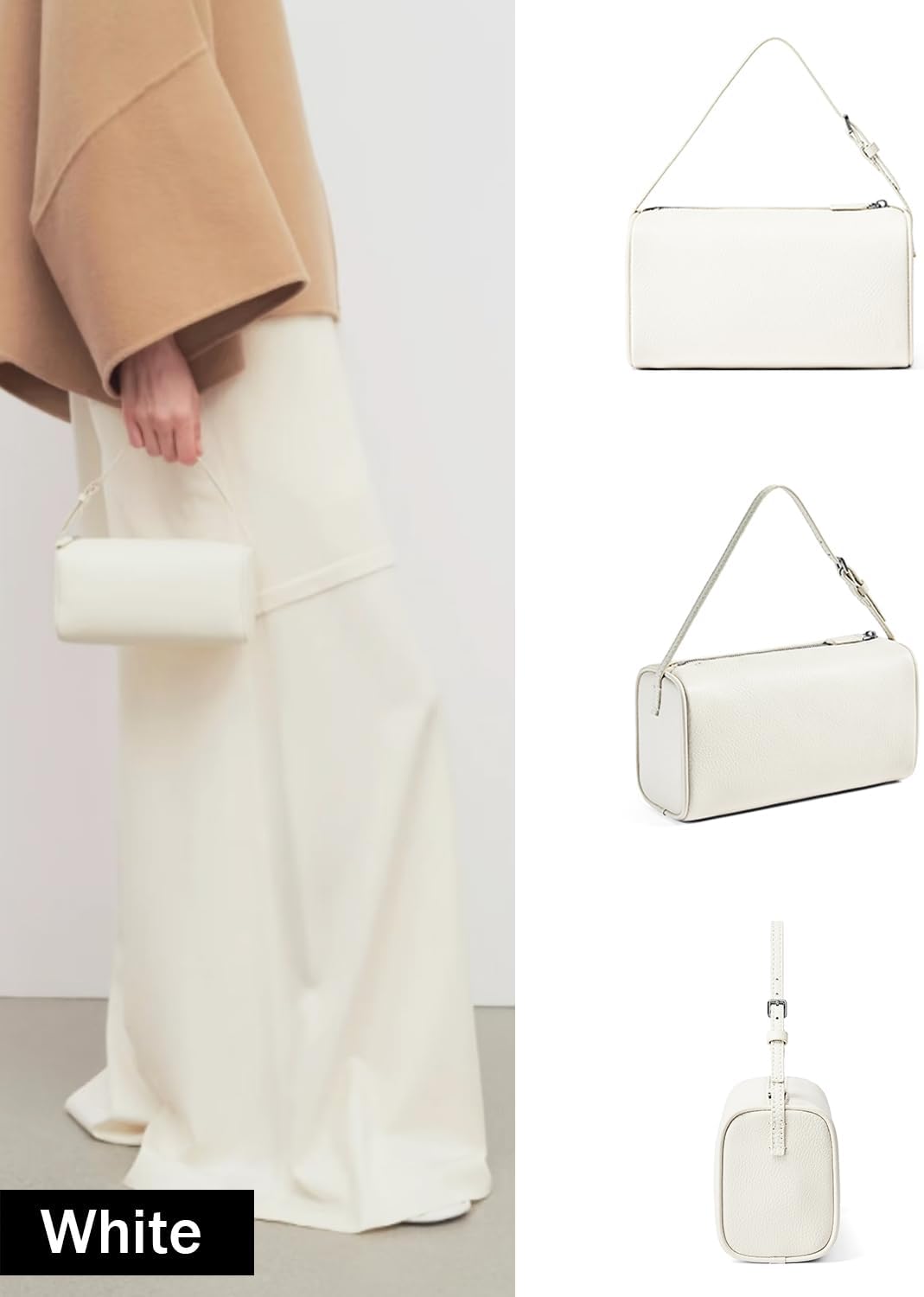 Genuine Leather Barrel Bag with Addiional Adjustable Strap, Calfskin Hobo Bags Inner Sheepskin Crossbody Purse with ID Holder - Image 3