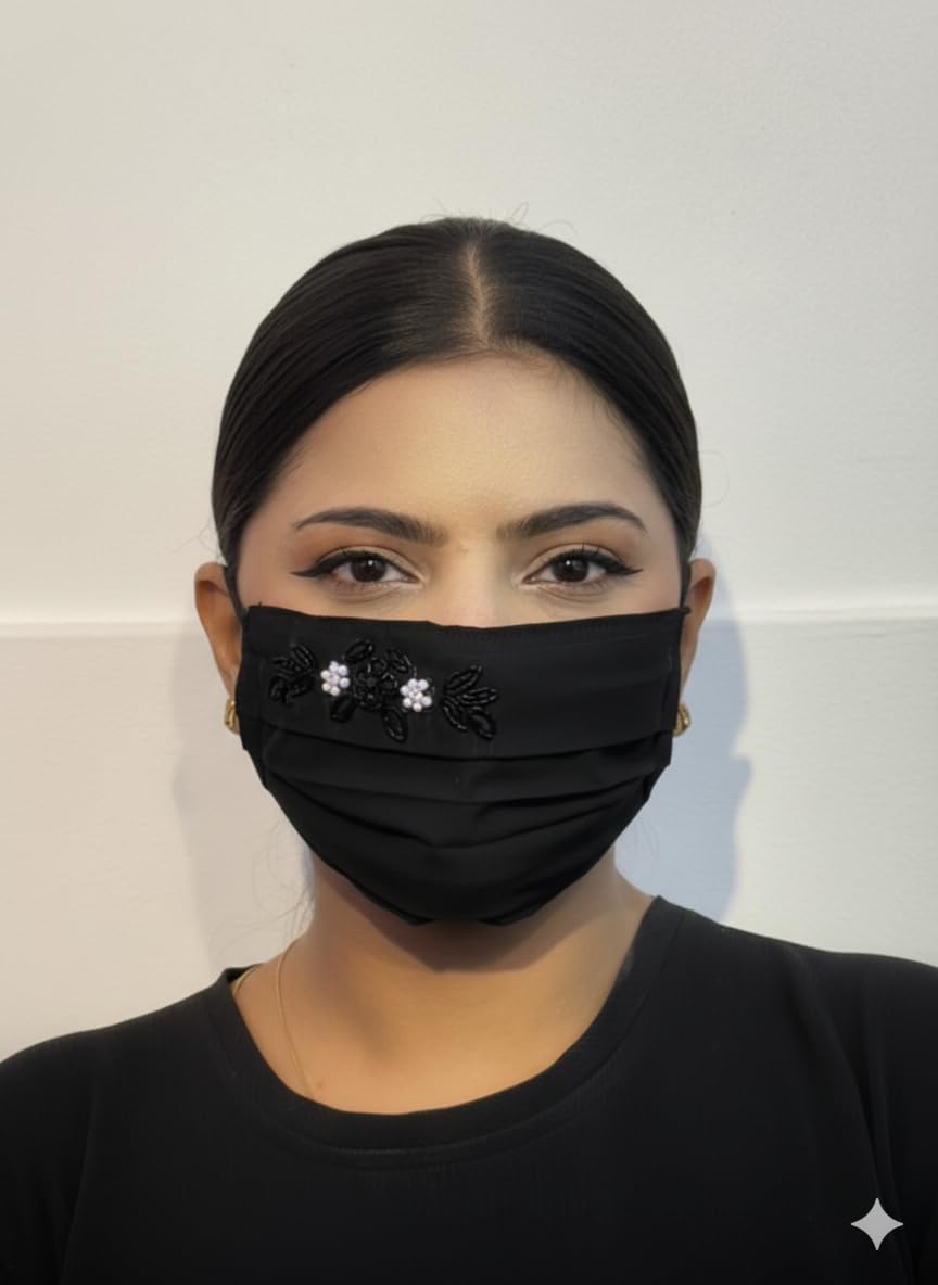 Designer Embellished Black Face Mask with Pearl & Beaded Floral Work – Reusable Stylish Fabric Mask for Women, Party & Daily Use-image-22