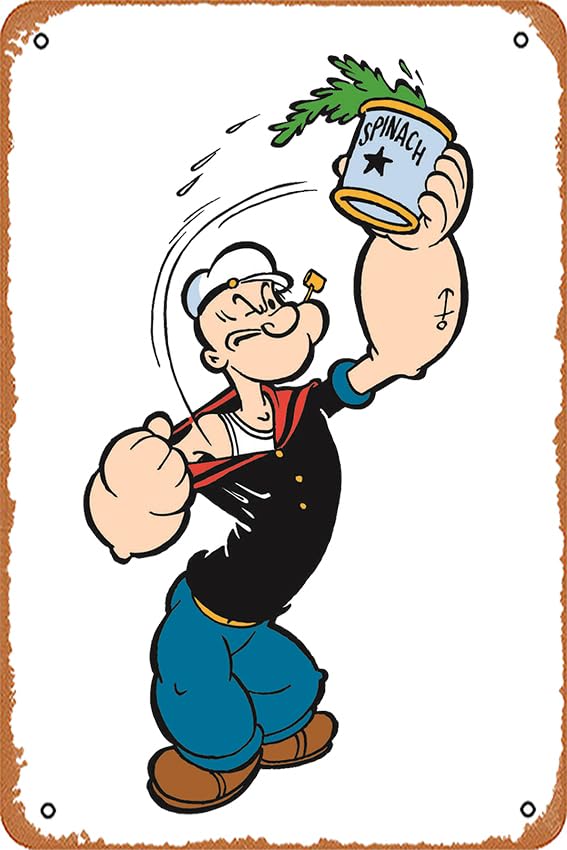 Vintage Tin Signs Popeye Spinach Retro Cartoon Character Worn Look Gift Vintage Wall Decor Retro Art Tin Sign fun Metal Sign Funny Decorations for Home Bar Pub Cafe Farm Room Metal Poster Wall Art Retro Decor 12x8 Inches