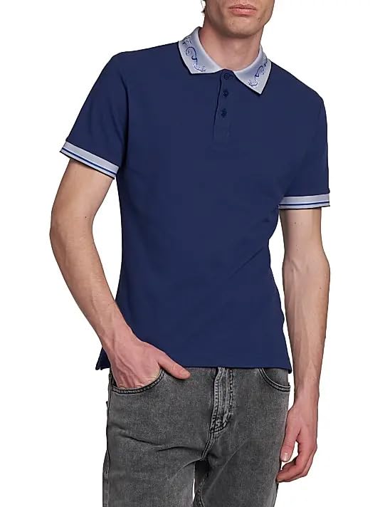 Versace Jeans Couture Steel Blue Mens Polo Shirt with Baroque Collar Detail