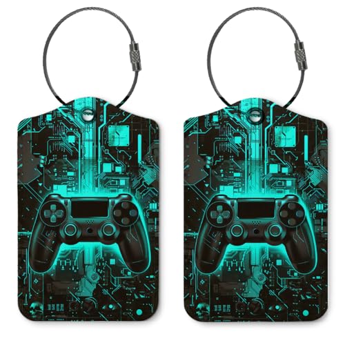 ZFQ Gamer Sign Luggage Tags for Suitcases,Retro Game Gifts for Boys 2 Pack Baggage Tag Label with Steel Loop,Trendy Blue Handbag School Bag Backpack Traveling Accessories