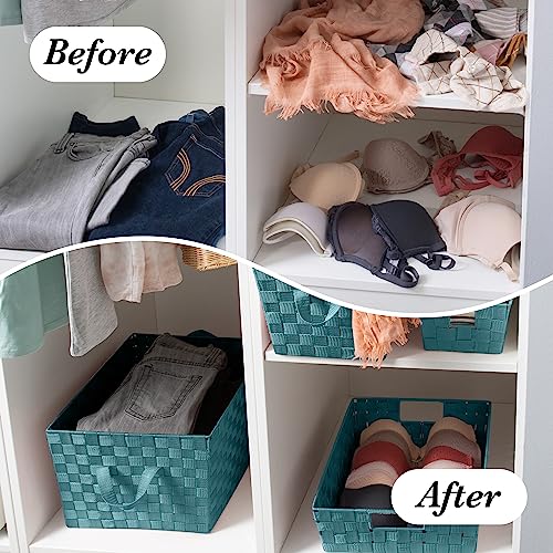 Image of Simplify Small Shelf Woven Strap Tote | Decorative Storage Basket | Built in Handles | Organization | Closet | Bedroom | Bathroom | Nursery | Accessories | Toys | Gifts | 4 Pack | Sapphire