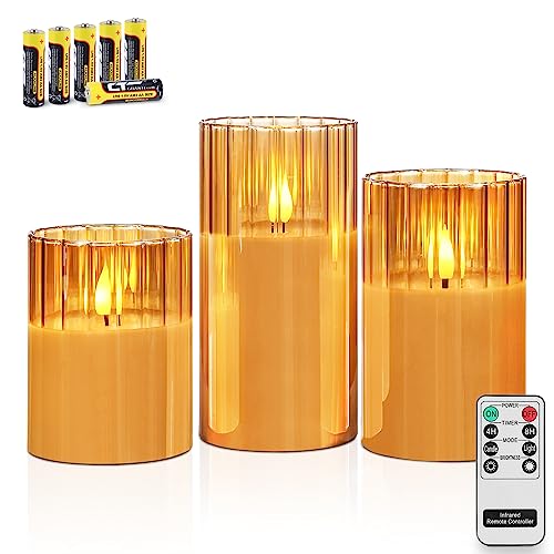 Image of Rhytsing Gold Ribbed Glass Battery Operated LED Candles with Remote, Flameless Candle Gift Set with Timer, Warm White Light- Include 6 Batteries - Set of 3