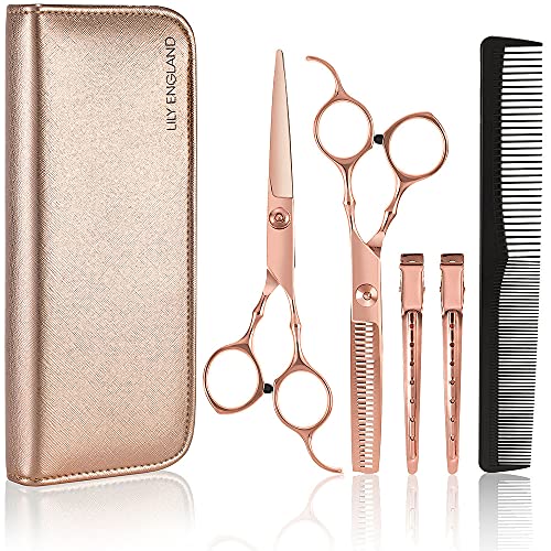 Professionelles Friseur Set zum Haare Schneiden | 6-Teiliges Set mit Haarschneideschere, Ausdünnschere, Kamm, 2 Haarklammern und passender Tasche in Edlem Rosegold, Lily England Cover