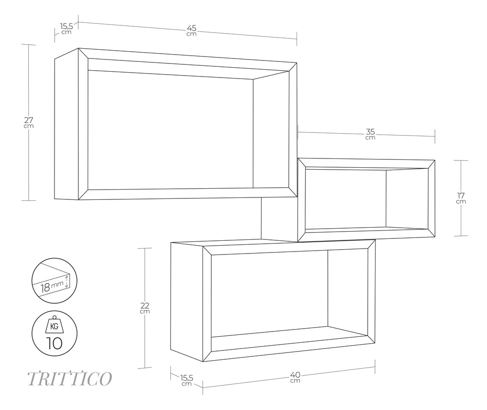 MODULARREDO | TRITTICO Set di 3 Mensole da Muro, Libreria Sospesa, Libreria Parete, Scaffale Parete, Ciliegio, 45x27 x 40x22 x 35x17 cm - Made in Italy