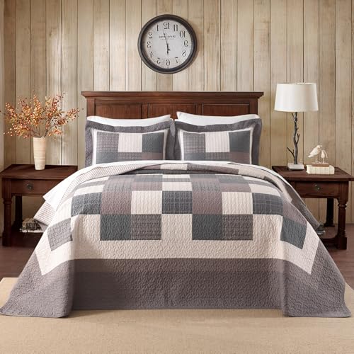 Image of EWlinens 100% Cotton 120 inchx120 inch Oversized King Bedspread - Farmhouse Extra Large Quilts King Size, All Season Patchwork Plaid Rustic Striped Quilt Bedding Set, 3pcs, Chocolate Malt /Brown /Black /Beige