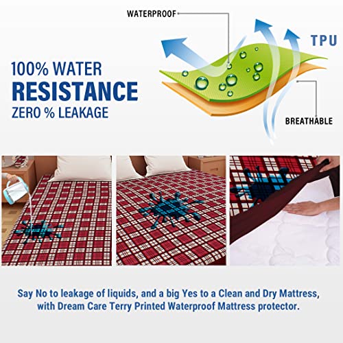 Image of DREAM CARE Waterproof Fitted Terry Cloth Printed Mattress Protector for Single Bed with Elastic Strap - 72 inchx48 inch, Maroon