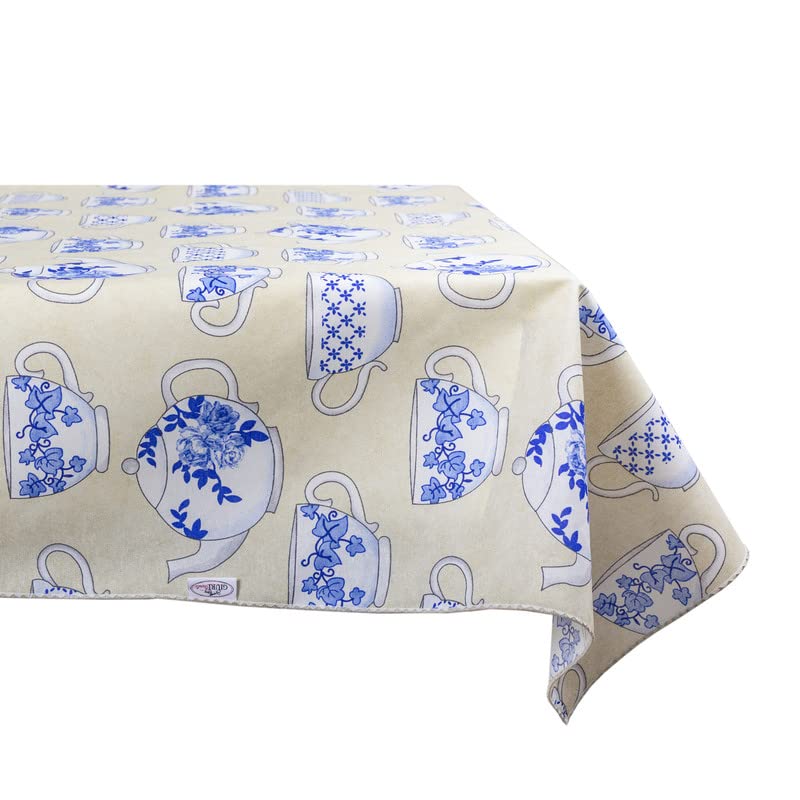 Giuri Tessuti - Tovaglia impermeabile in tela di cotone cerato - Lavabile - Bordata - Antimacchia - Made in Italy (360x140cm, Tazze Blu)