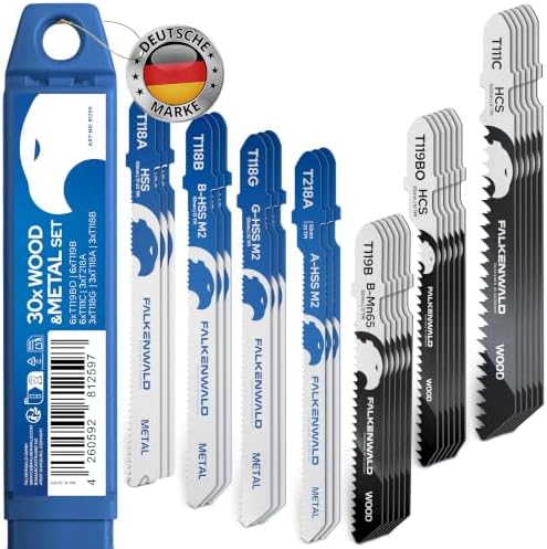 FALKENWALD Stichsägeblätter Set 30tlg - 18x Holz + 12x Metall T-Schaft | Sägeblätter Stichsäge Set & Stichsägeblätter Set - HCS, HSS & Bi-Metall für Holz & Metall