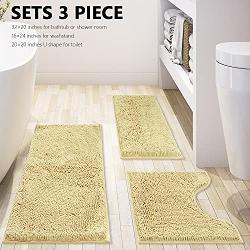Image of Bath Rugs Chenille 3-Piece Extra Soft and Absorbent Shag Beige Bathroom Rugs, Machine Wash Mat, Strong PVC Non-Slip Underside, Plush Carpet Mats (Beige)
