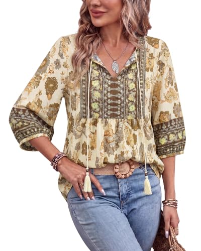 Image of Vivilli Womens Summer Boho Babydoll Tops 3 /4 Sleeve Pleated Peplum Blouses Casual V Neck Tie Front 2026 Tunic Tops