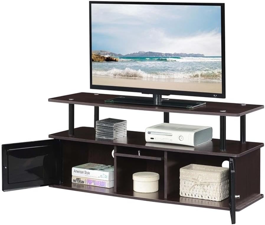 Pemberly Row TV Stand, Espresso Wood Finish, 47.25 x 15.75 x 20.5 in, Three Storage Cabinets, Two Shelves, Particleboard and Veneer Construction, Modern Entertainment Console for Living Room or Media