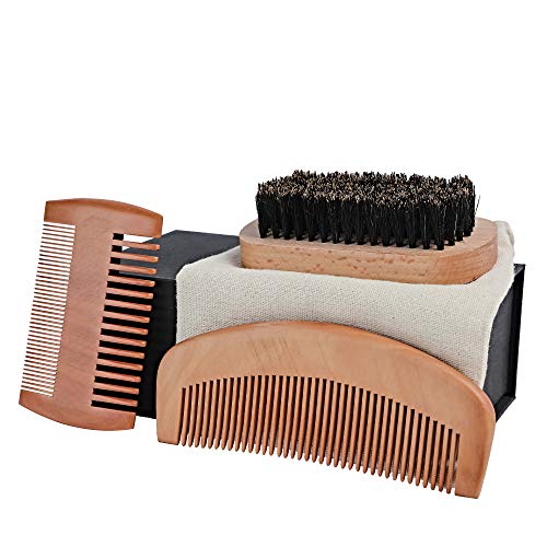 SELRSUF Beard & Hair Comb and Brush Kit for Man ,Viking Mustache Care Tool Set, with Gift Box , PU Leather Case,Cotton Storage Bag,with Boar Bristle Brush and 2 Wood Comb