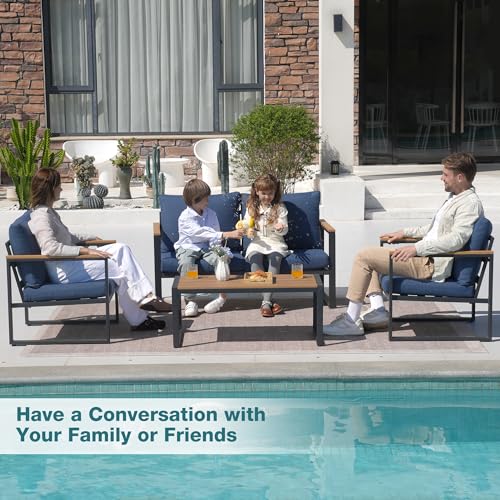 Image of Patio Furniture Set, 4 Pieces Outdoor Patio Furniture with Coffee Table Set, Metal Patio Conversation Sets with Washable and High-Resiliency Sponge Cushions, Upgrade Blue