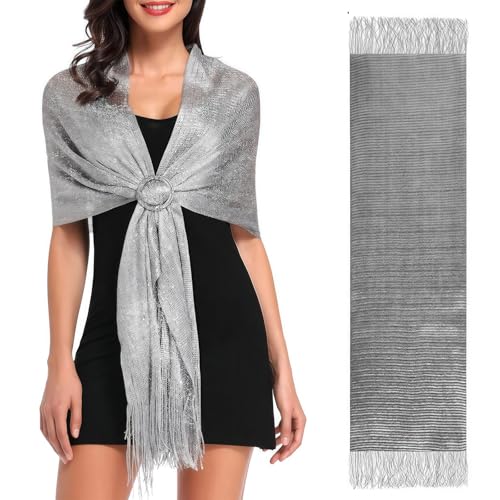 THXFUNAREA Chal Plateado Mujer con Hilos Metálicos – Estola Brillante Elegante con Flecos, Cubrehombros para Bodas, Fiestas, Eventos Formales y Vestidos de Noche