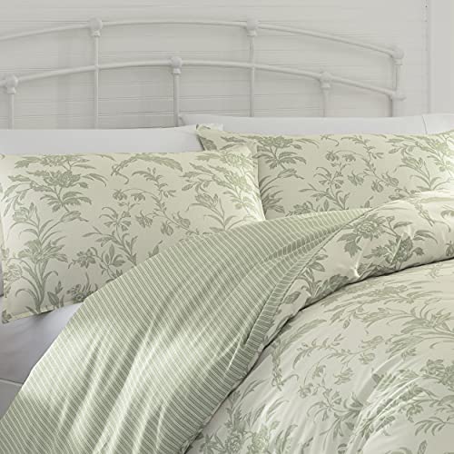 Laura Ashley Home - King Duvet Cover Set, Reversible Cotton Bedding, Includes Matching Shams With Bonus Euro Shams & Throw Pillows (Natalie Green, King) #TOP3