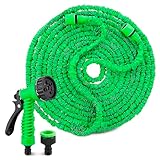TIENDA EURASIA – Manguera Extensible | Latex + Poliester | Manguera Jardin | 7 Opciones de Riego | Color Verde | Extensible con la Presión del Agua | con Pistola, Conectores y Adaptadores (15 metros)