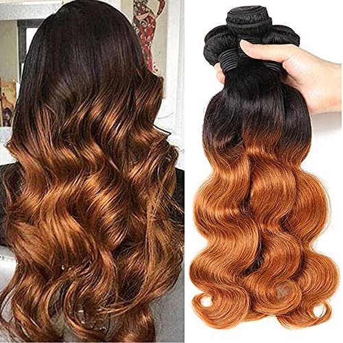 Ombre Brazilian Body Wave 4 Bundles Black To Brown 1B/30 100% Unprocessed Brazilian Virgin Human Hair Extensions Ombre Brazilian Human Hair Weave Bundles(16 16 16 16 Inch,60g/bundle）