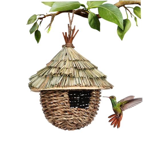 Outdoor Bird Houses, 6.7x8.7 Inch Birds House,Hummingbird House, Woven Bird Nest for Outdoors Hanging, Small Grass Bird Houses for Outside,Fiber Bird Hut Roosting Pocket for Finch Canary Chickadee