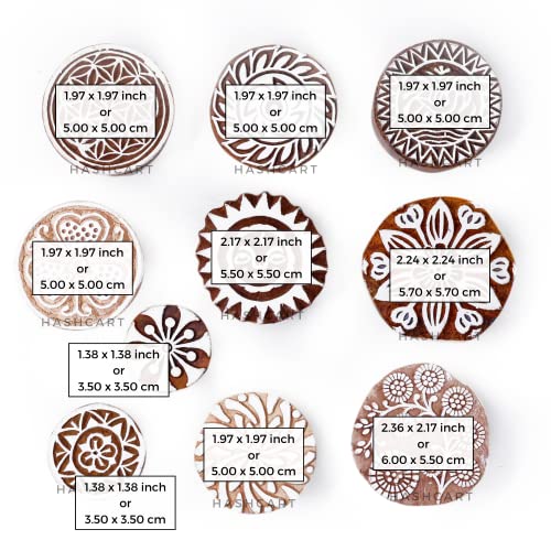 Image of Hashcart | Set of 10 | Handcarved Round Shape Multi Floral Design Blocks for Scrapbooking | Wooden Stamps for Project Designing | Henna | Clay | Pottery Craft | Tattoo | Project Making