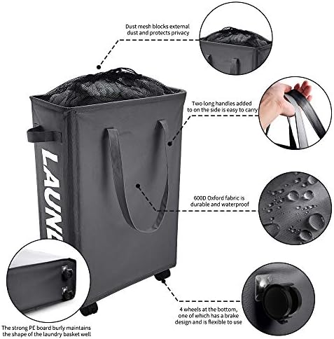 IHOMAGIC 40L Slim Laundry Basket with Upgrade Extended Handles- Laundry Hamper with Wheels, Foldable Washing Laundry Hamper- Dirty Clothes Organizer Bedroom, Bathroom (40L, Dark Grey)