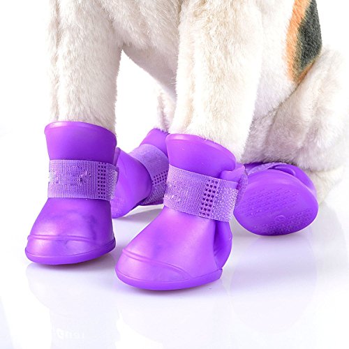Qweqwe 4 Pcs Waterproof Dog Boots Shoes Puppy Non-Slip Rain Pet For Day Middle And Small Dogs, Large Dogs ，Pet Boots，Purple,S Size: 4.3Cm3.3Cm, Recommended Weight: 0-2Kg #TOP1