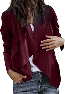 Cenlang Women's Faux Suede Blazer Jackets Long Sleeve Solid Color Short Coat Open Front Lapel Draped Outwear Cardigan