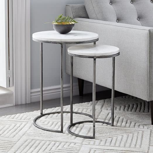 Image of Brown Arts Shoppee Round Nesting Tables Simple Modern Small Round Table MDF Top Metal Table Living Room Sofa Set of 2 (White & Black)