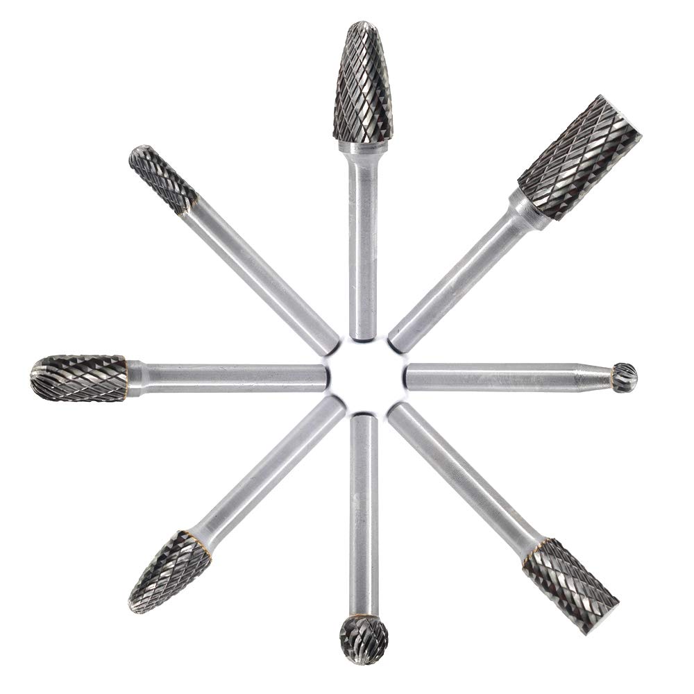 Carbide Burr Set 8pcs 1/4 Inch Shank Diameter Double Cut Grinding Polishing Carving Tool Drill Bits for Die Grinder