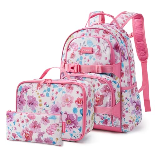 mommore Kids Backpack for Girls 4-8 with Lunch Box Elementary Kindergarten Preschool School Backpack 15'' Fit Folders Bottles, PInk Colorful Flowers by mommore - Used condition - US$21.59