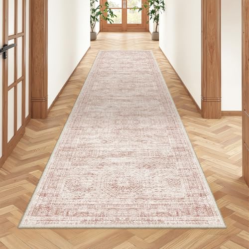 Restydon Rug Runners for Hallways Non Slip - 2x8 Runner Rug for Bedroom, Washable Runner with Rubber Backing, Soft Low-Pile Carpet for Kitchen, Laundry, Bathroom (2'x8', Pink/Ivory)