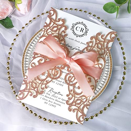 PONATIA 25PCS 5.12 x 7.1 '' Laser Cut Wedding Invitations Cards with Envelopes Ribbons for Wedding Bridal Baby Shower Engagement Sweet 16 Birthday Invite (Rose Gold Glitter)