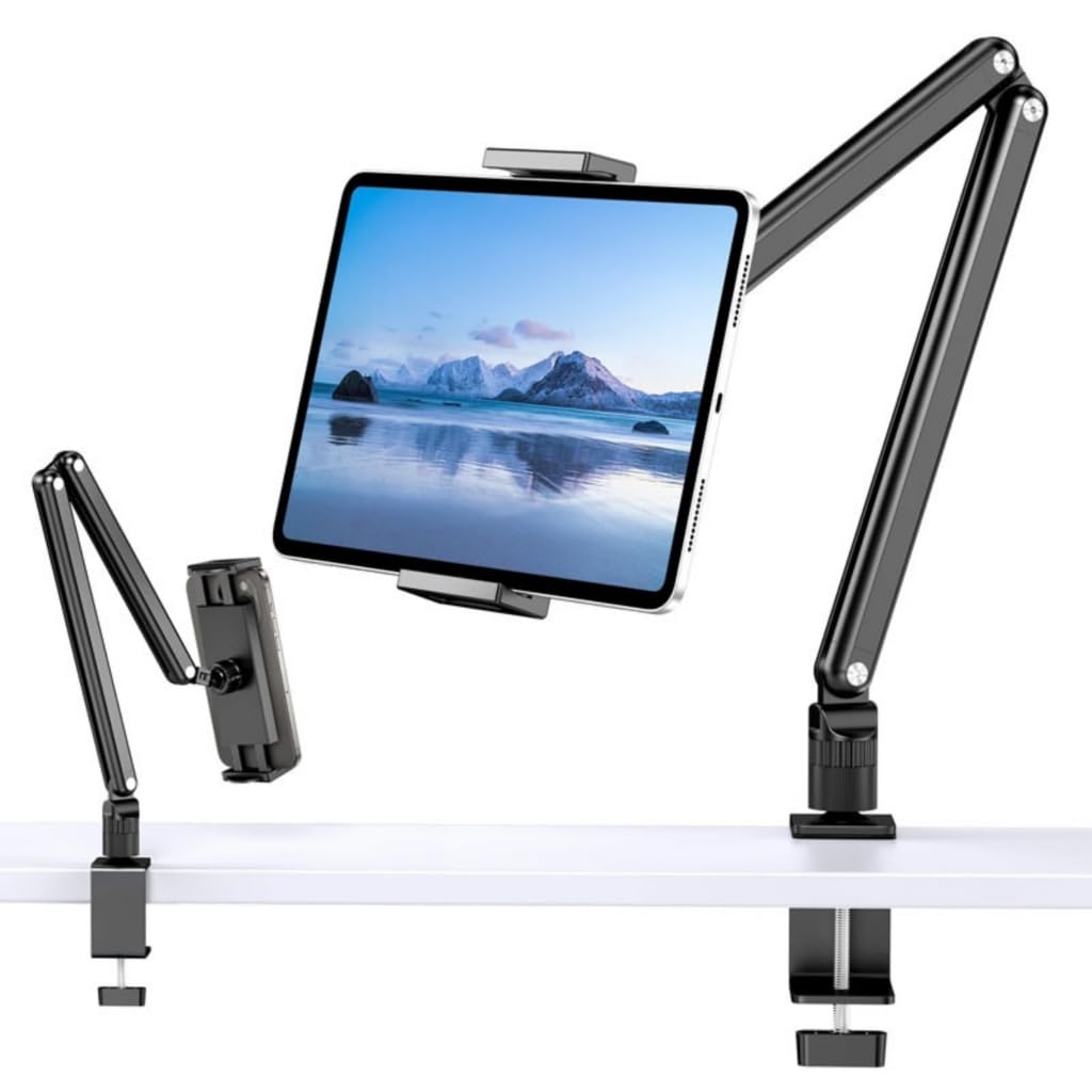 Soporte resistente para tabletas con rotación de 360 grados y cabezal de bola para pantallas de 4.7 a 13 pulgadas