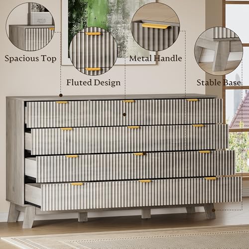 Image of BORNOON 57 inch Wide Dresser for Bedroom, 12-Drawer Fluted Dresser with Metal Handles, Wood Chest of Drawers with Smooth Slides and Stable Base, Modern Storage Cabinet for Living Room, Nursery