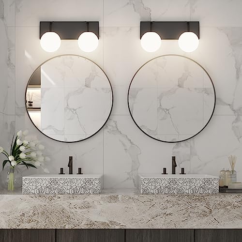 Image of Tipace Black Vanity Light Fixtures, 2-Light Modern Bathroom Light Over Mirror with White Milk White Globe Glass for Bathroom (Exclude Bulb)