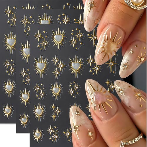 Zosutetoxo 3 feuilles d'autocollants pour ongles design étoile 5D relief doré avec cœur strass pour accessoires de manucure DIY