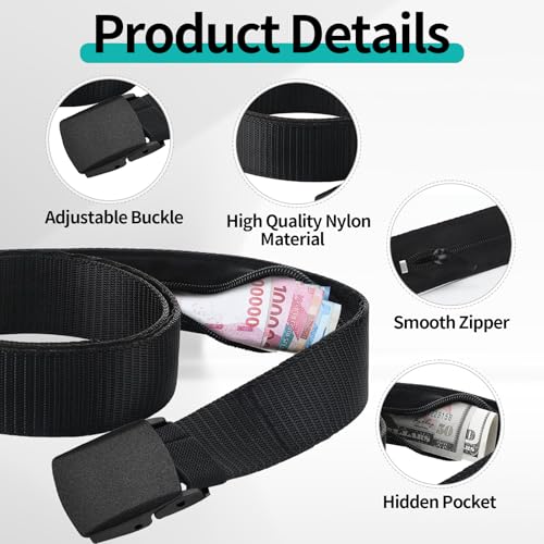 RAFIYU 2 Stück Geldgürtel mit Geheimfach, Reise-Sicherheitsgürtel mit Reißverschluss, Verstellbarer Nylon Taillengürtel für Männer, Frauen, Reise, Outdoor und Diebstahlschutz (Schwarz)