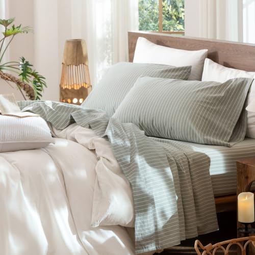 Image of MooMee Striped Sheet Set 100% Washed Cotton Linen Like King