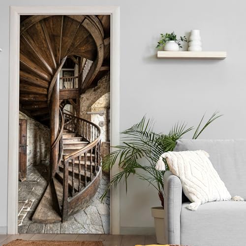 Türtapete selbstklebend | 200 x 90 cm Alte Wendeltreppe Holztreppe | Tür Aufkleber Poster Türfolie | Einteilig | Wasserfest 3D Türaufkleber Klebefolie Wandtattoo