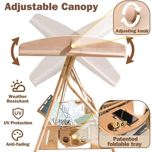 Image of ZZW 3 Person Patio Swing Outdoor Swing for Adults with Adjustable Canopy &Upgraded Cup Holders Textilene Fabric Porch Swing Chair with Stand Heavy Duty 800 LBS