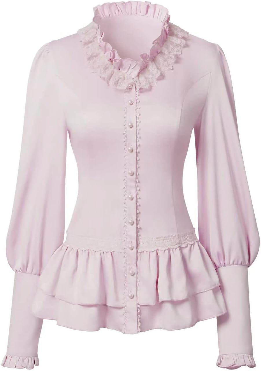 Women Vintage Victorian Long Sleeve Corset Top Lace Ruffled Blouse Stand Collar Shirts - Image 3